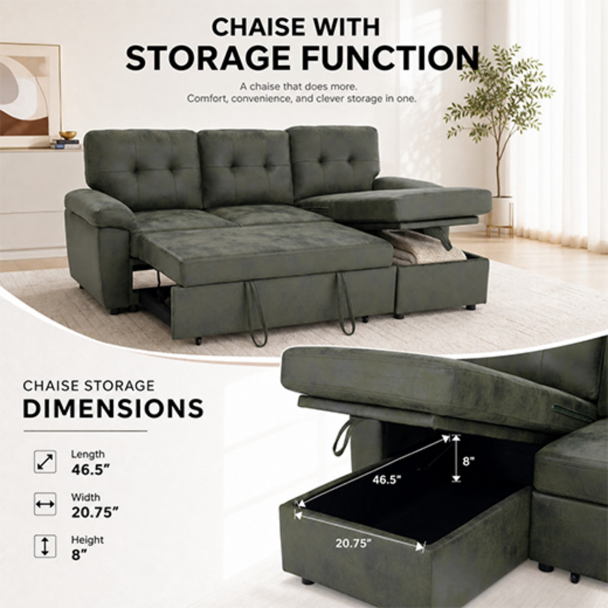 BSHTI 88.5" Polyester Fabric L-Shaped Sectional Sleeper Sofa Bed with Pull-Out Bed, Storage Chaise for Living Room( Light Brown)