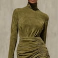 thumbnail image 2 of MORTTIC Women's Elegant Solid Color Fringe Dress – High Neck Cinched Waist Side Slit Vintage Western Style Fall/Winter Dress Olive Green，S, 2 of 4