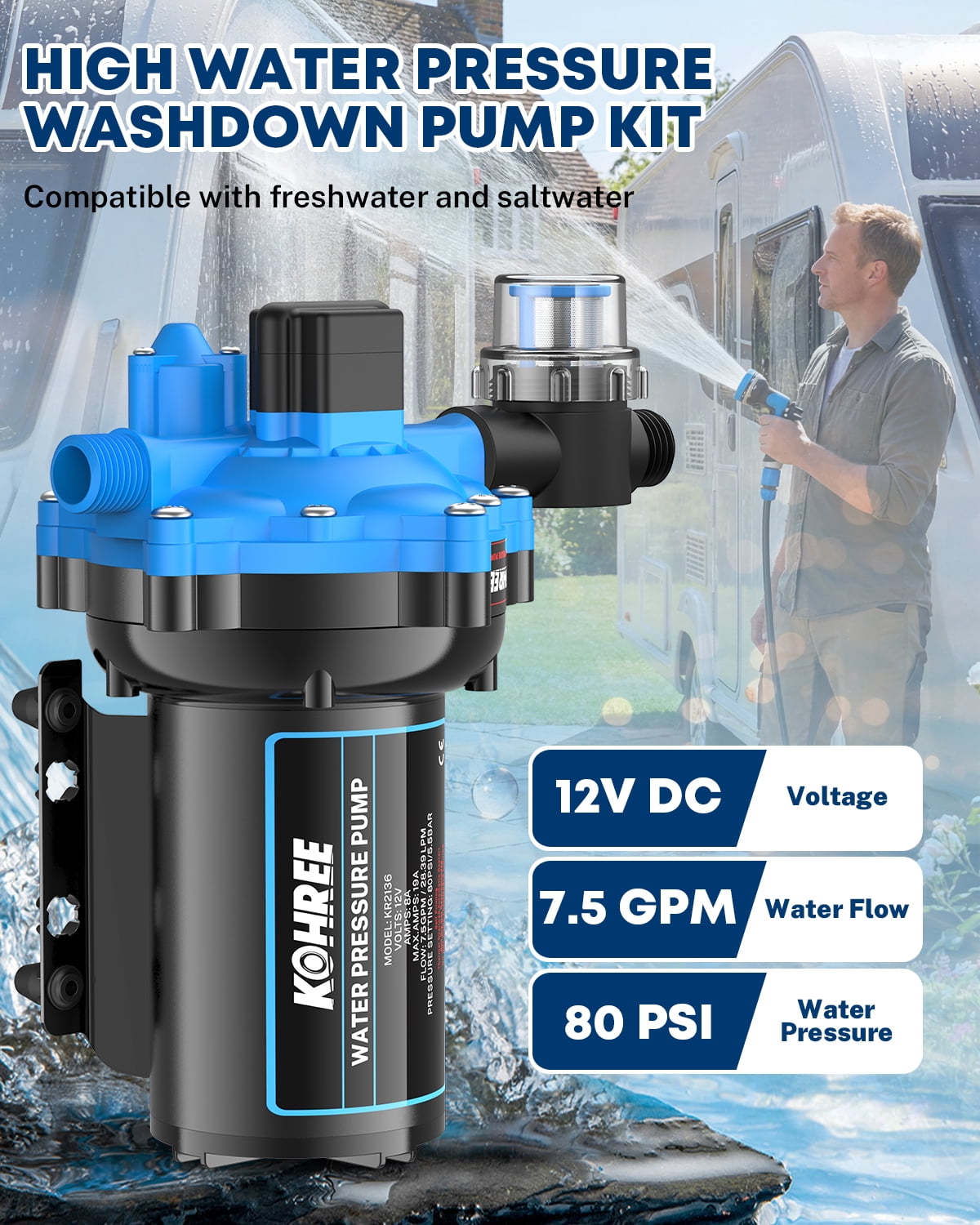 Kohree Upgraded 12V DC Washdown Pump Kit, 7.5GPM 80PSI, Five Chamber Self-Priming Diaphragm Water Pump with Pressure Switch & Spray Nozzle, High Flow for RV, Boat, Marine, Yacht