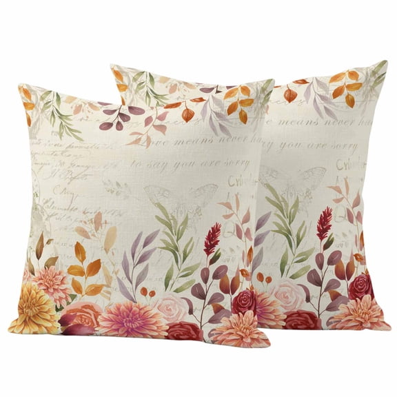 Red Orange Floral Fall Outdoor Waterproof Pillow Covers, Thanksgiving Eucalyptus Leaves Autumn Decorative Square Throw Pillowcase Sofa Cushion Sham for Patio/Couch/Chair, 20"x20" 2 Pack