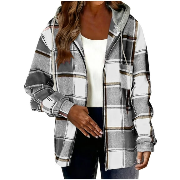 Womens Lightweight Casual Jackets 2026 Plaid Long Sleeve Shacket Fleece Lined Hooded Jackets Warm Coats
