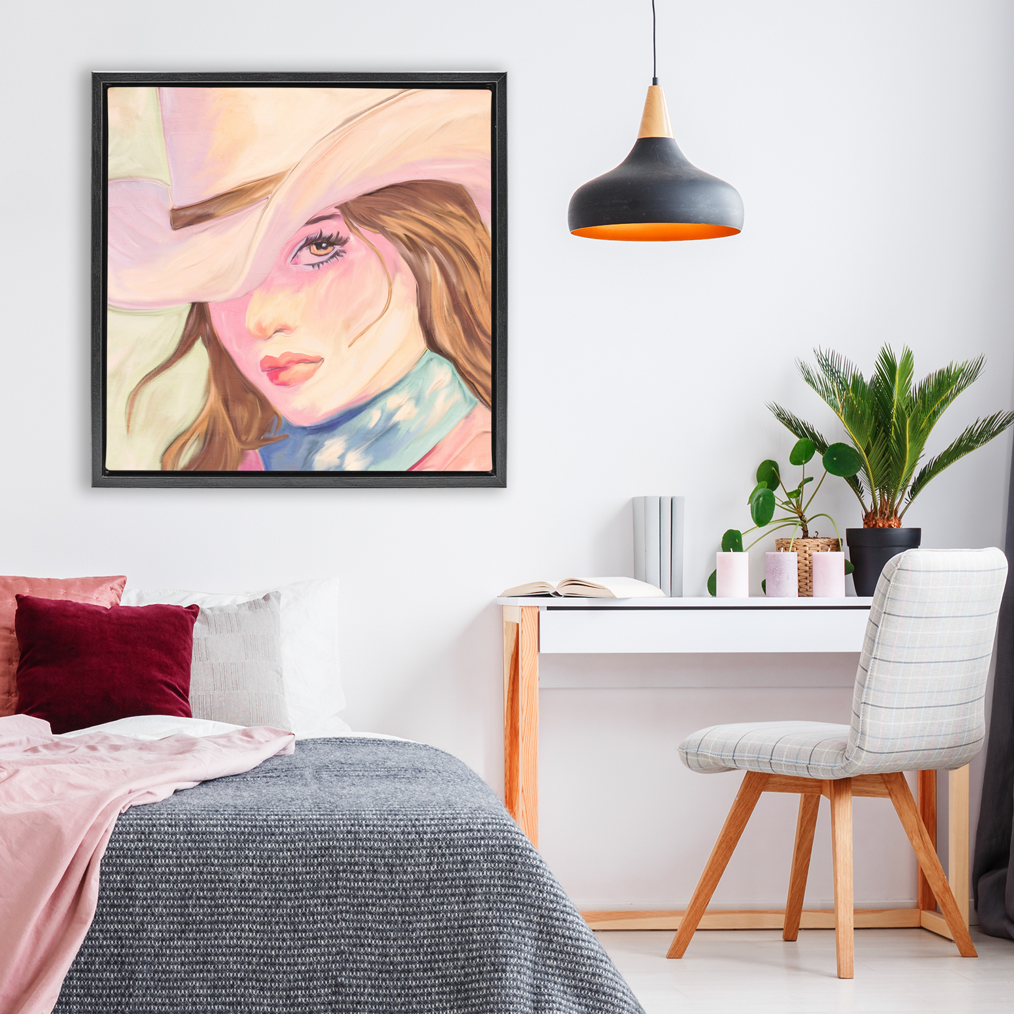 Pastel Cowgirl Brunette Black Framed Floater Canvas Wall Art, design by Kim Allen