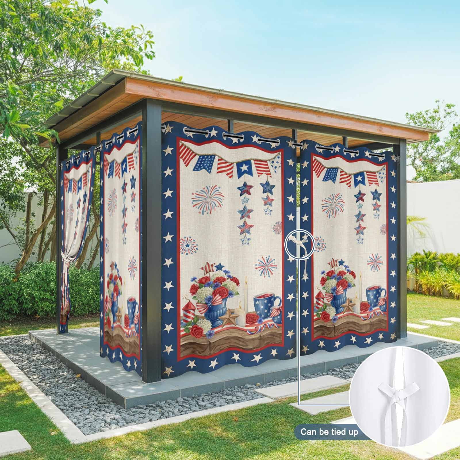 Independence Day Outdoor Curtains for Patio, Retro Red Blue USA Flag Floral Star Linen Texture Sunshade Privacy Drapes Grommet Waterproof Outside Curtains for Porch/Cabana/Balcony 54"x 108", 1 Panel
