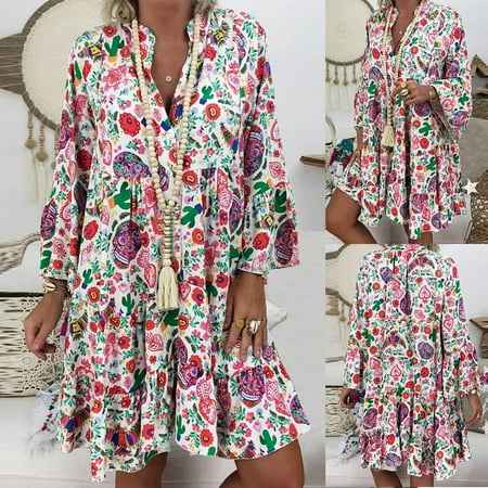 

Summer Dresses for Women 2022 Women s Ladies Loose Print Three Quarter Sleeve Mini Dress Summer Skirt for Women Plus Size