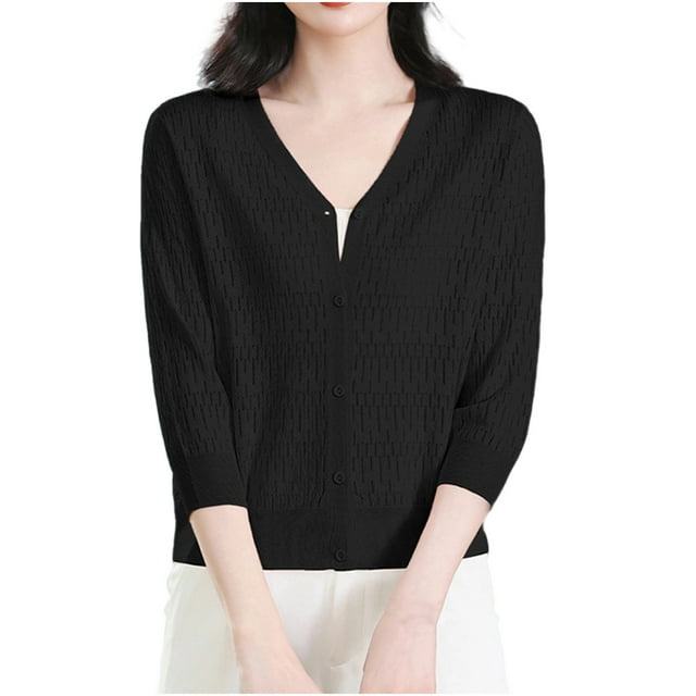 Coats for Women Solid Button Cardigan Neck Three-Quarters Sleeve Knitted