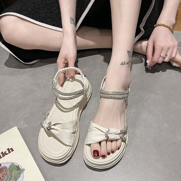 2023 marca moda verano nueva dulce moda Casual playa zapatos suela gruesa antideslizante lentejuelas Color sólido Casual señoras Sandals35 Gao Jinjia LED