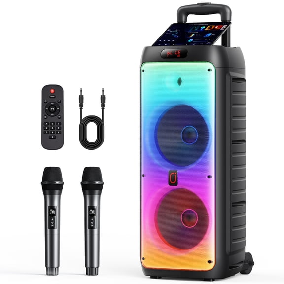 JYX Party Speaker with Wheels for Outdoor, Bluetooth Speaker with 2 Microphones, Dual 8'' Subwoofer Deep Bass, Rgb Lights, T38-T