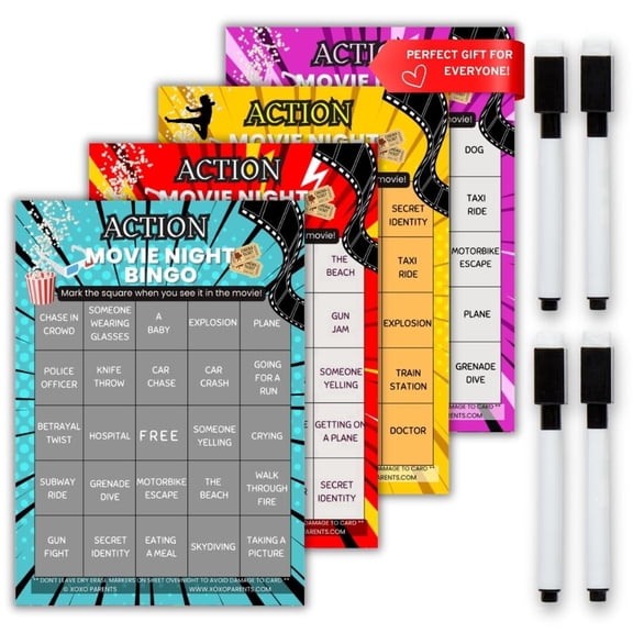 XOXO Parents Action Movie Night Bingo Cards | 4 Reusable Cards with Dry-Erase Markers | Movie Night Game for Kids & Adults, Fun Game Night & Guys Night Game, Blockbuster Movie Lover Gift
