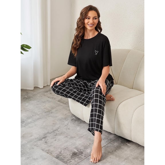 ebukurty Black Pajamas Sets for Women 2 Piece Short Sleeve Lounge Set Round Neck Shirt and Plaid Pants Sleepwear Outfit for Women