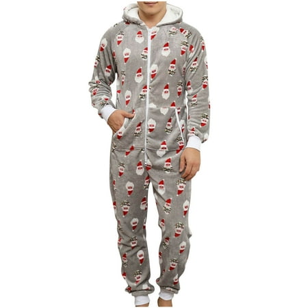 

XIAOFFENN Men Casual Hooded Zipper Flannelette Christmas Printed Pajama Conjoined Suit