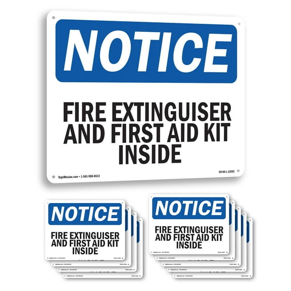 Fire Extinguisher And First Aid Kit Inside OSHA Notice Aluminum Sign 10 Inch x 7 Inch - 10 Pack