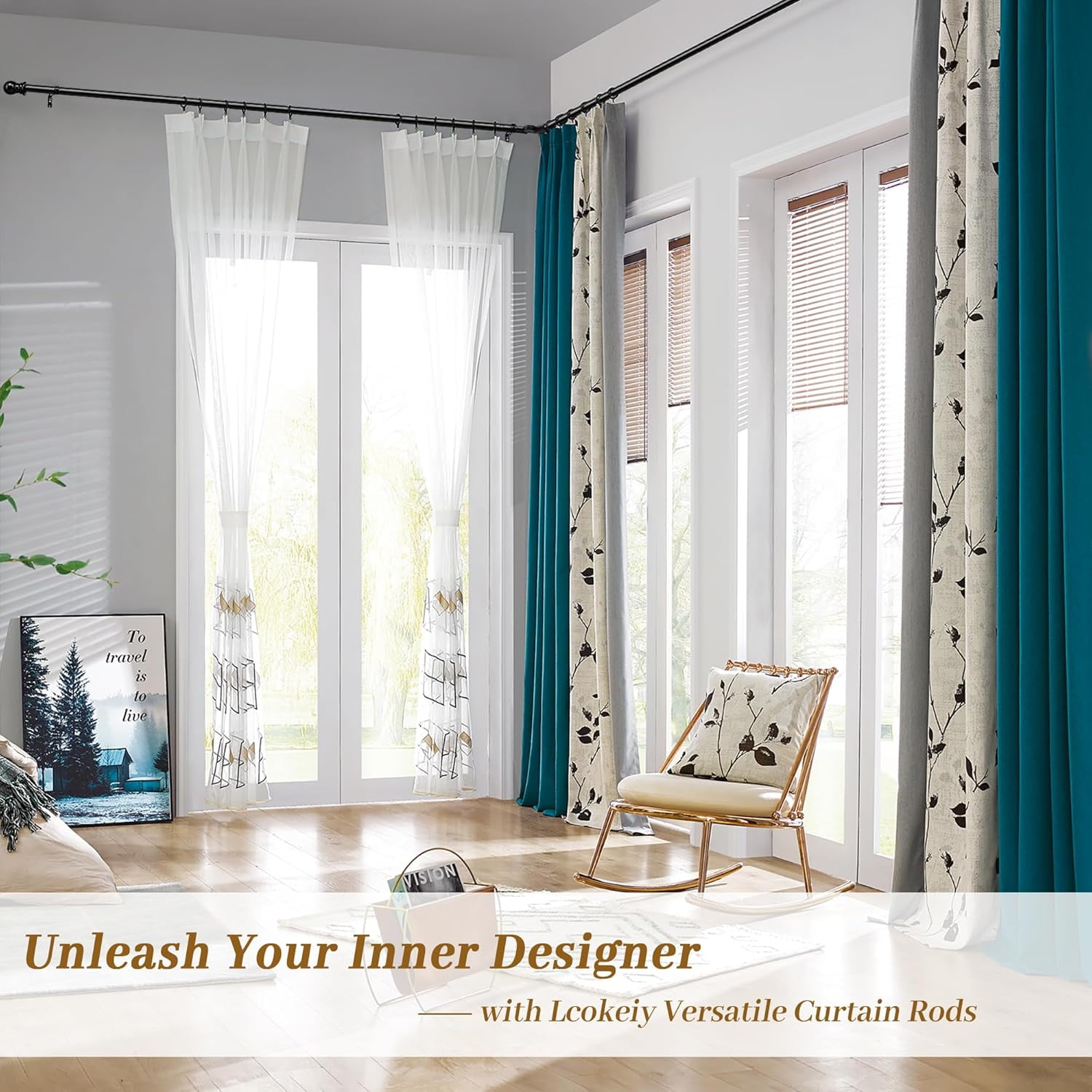 SOUMNS 1" Diameter Black Bay Window Curtain Rods，30" -136" Tecescoping Corner Curtain Rod (2 sides)for Living Room