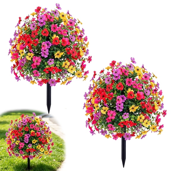Hyindoor 2PCS Artificial Ball Fake Flowers with Ground Spike for Outdoors Decoration, UV Resistant No Fade Spring Summer Decorations (Multicolor)