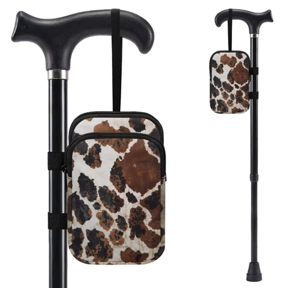 COEQINE Forearm Crutch Bag Walking Cane Accesories Brown Black Cow Print Elbow Crutch Storage Organizer, 2 Zippered Pockets, Lightweight, Hands-Free, for Adults & Seniors