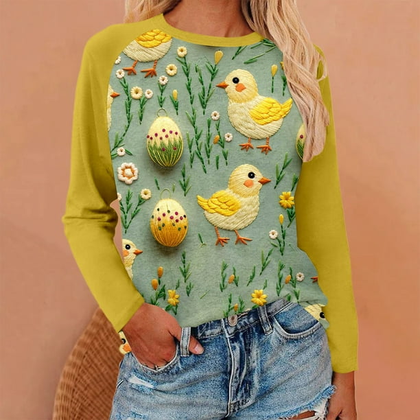 MHFRRA Camiseta Holgada de Manga Larga con Estampado de Pascua para Mujer Amarillo