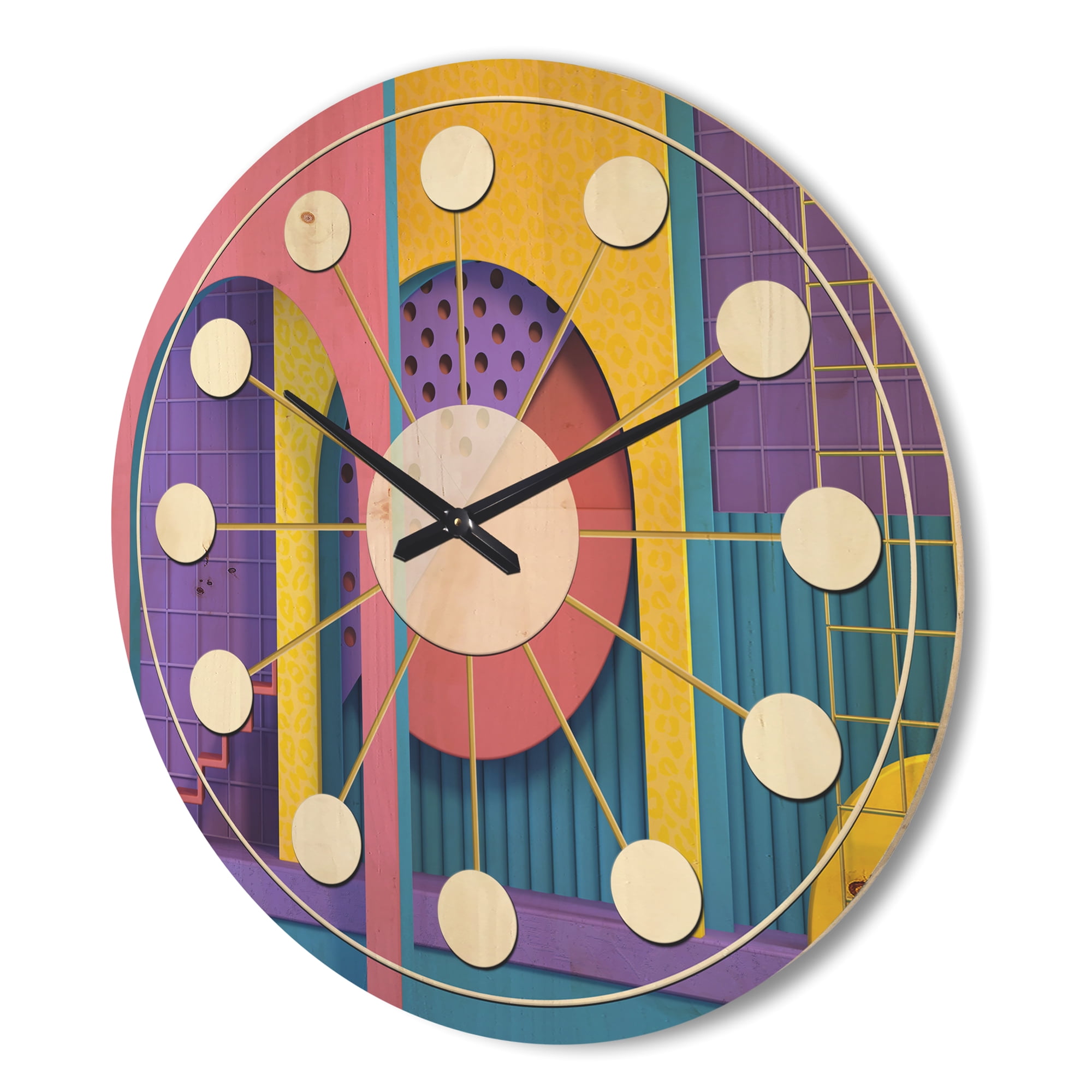 Designart 'Abstract Retro Geometric Architecture Pattern' Mid-Century Modern Wood Wall Clock