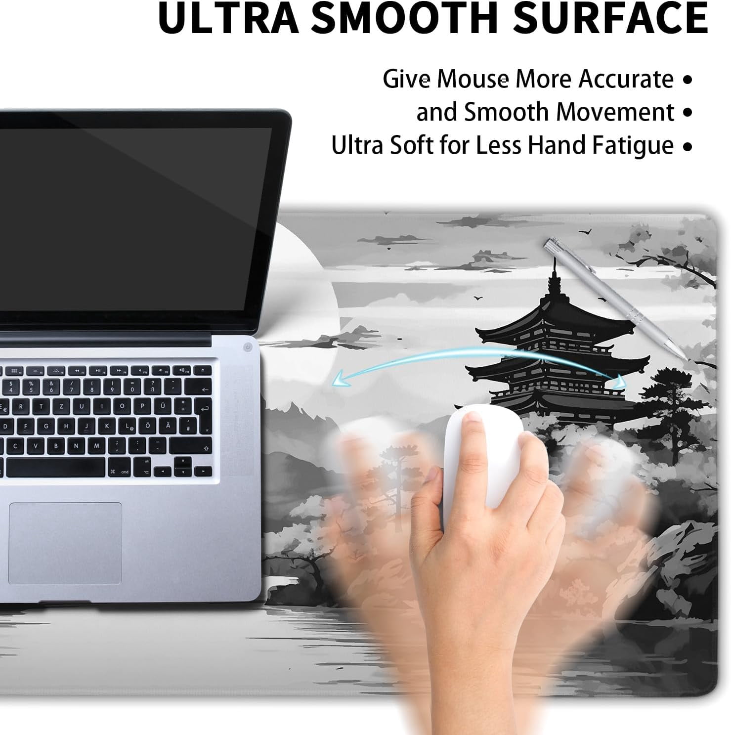 Black Gray Japanese Sakura Gaming Mouse Pad XL Grey White Cherry Blossom Tower Mountain Aesthetic Extended Large Desk Mat Mousepad Non-Slip Rubber Base Stitched Edge Desk Pad for Desktop,31.5×11.8