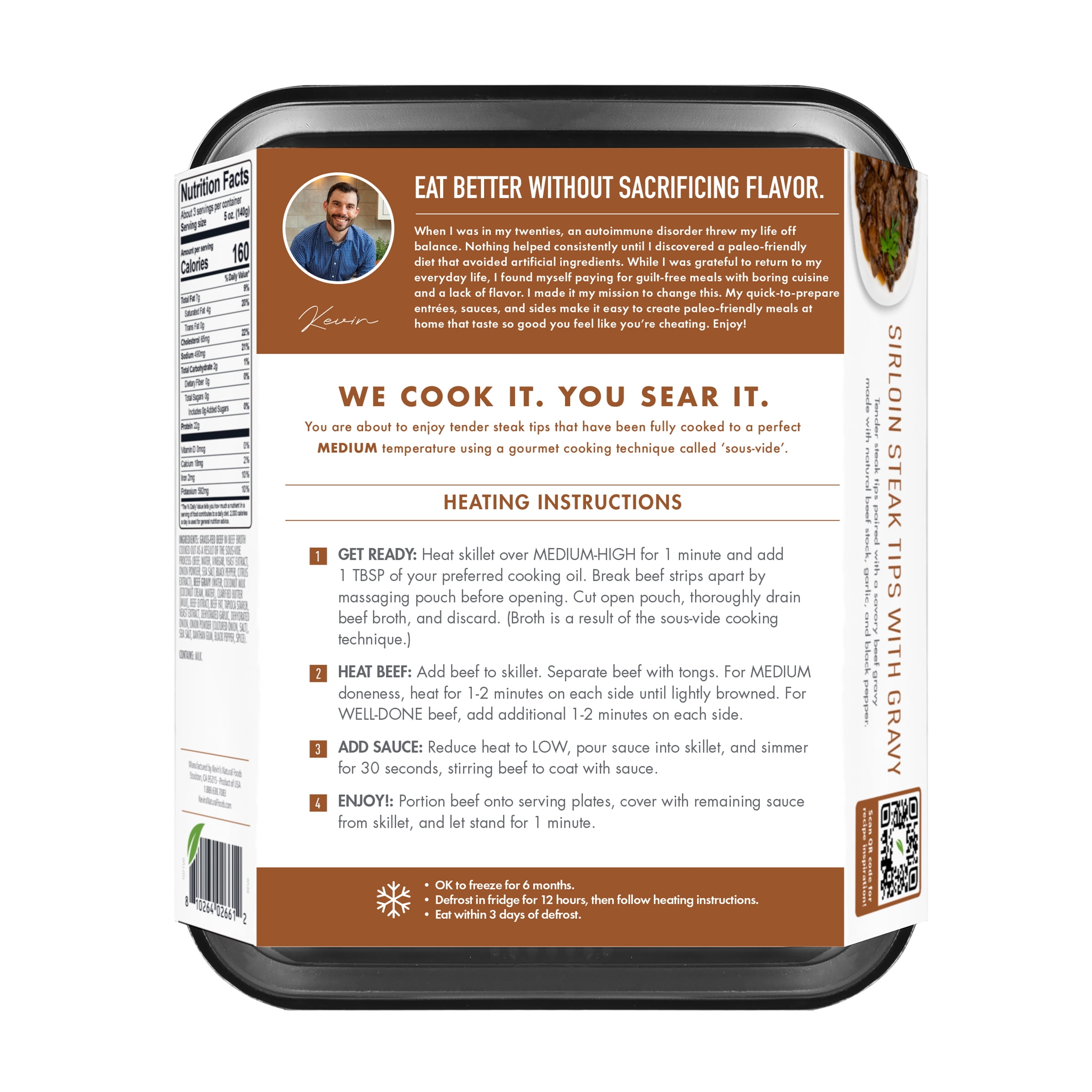 Kevin's Natural Foods Sirloin Steak Tips with Gravy, Fully Cooked Refrigerated Entree, 16 oz
