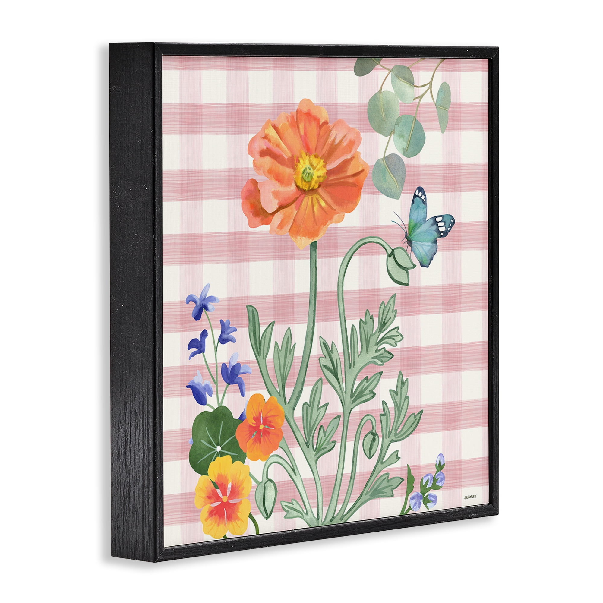 Stupell Industries Gingham Garden Poppy Botanical & Floral Painting Black Framed Art Print Wall Art, 12 x 12