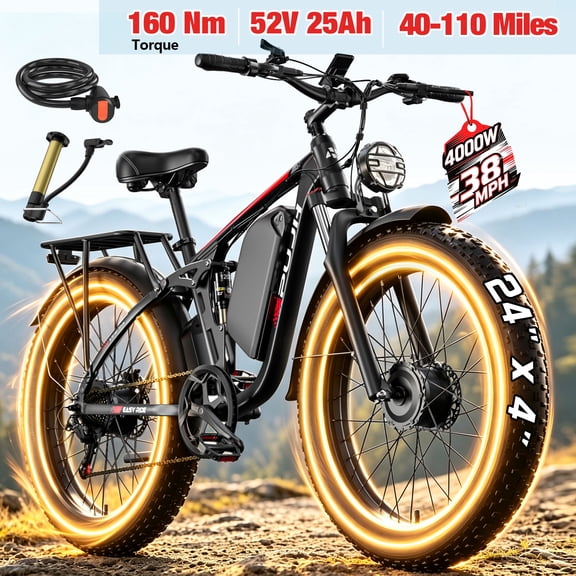 PUJH Off Road Electric Bike for Adults, 750W Dual Motor Ebike, 52V 25Ah Removable Battery, 28 MPH 110-Mile Range, 24x4 Fat Tire Full Suspension, Hydraulic Disc Brakes