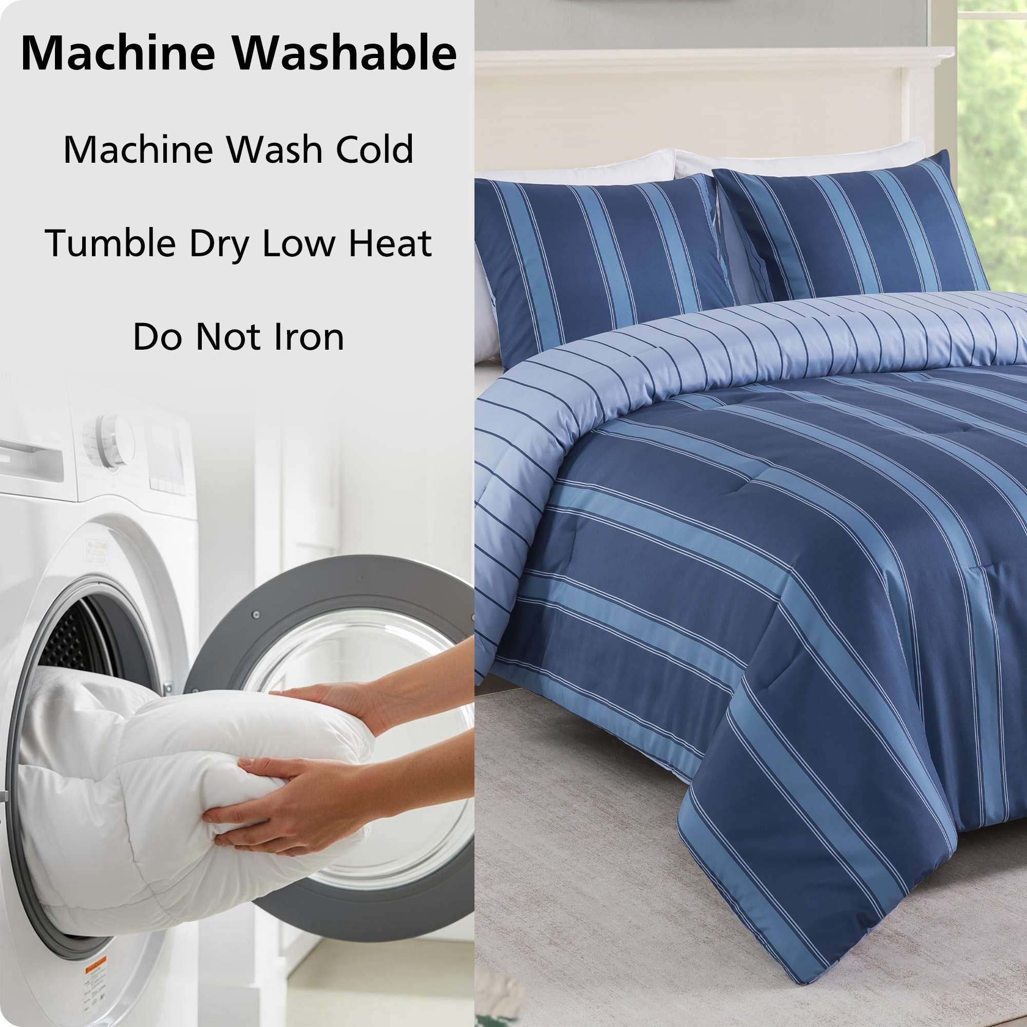 Mainstays King Comforter Set, 3-Piece, All-Season, Navy Blue Stripe