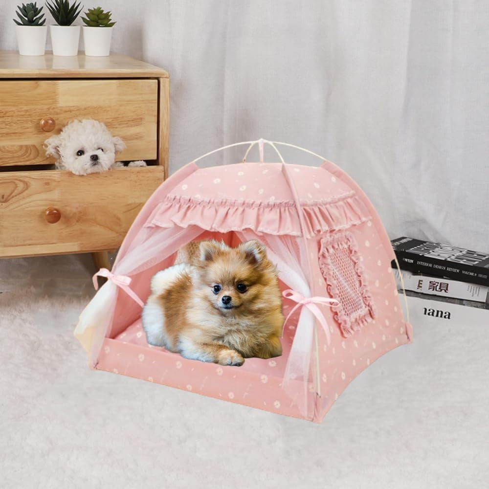 at Bed Tents Dog House Indoor Outdoor Lace Mesh Breathable Windows Door Curtains Removable Portable Nest Teepe House (Small,Green&Yellow)