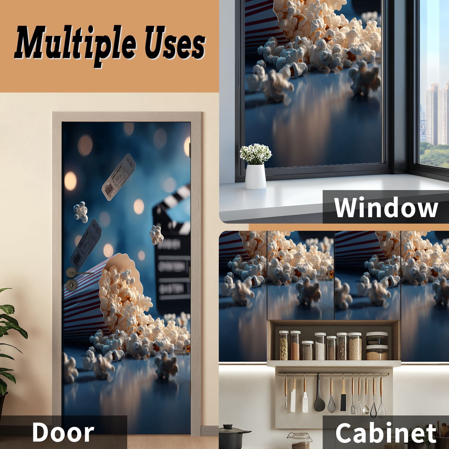 Self Adhesive Vinyl Refrigerator Wrap Set Cinema blue 3d popcorn tape Door Mural Removable Fridge Sticker Peel and Stick&nbsp;Full Door Cover Decal Kitchen Bar Decor