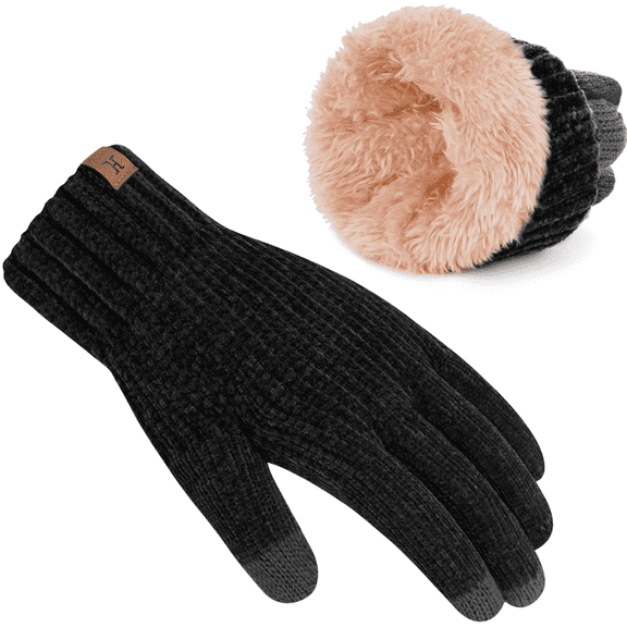 Womens Winter Gloves with Touch Screen Fingers Thermal Chenille Warm Lining Knit Gloves for Women Cold Weather Gifts,Black