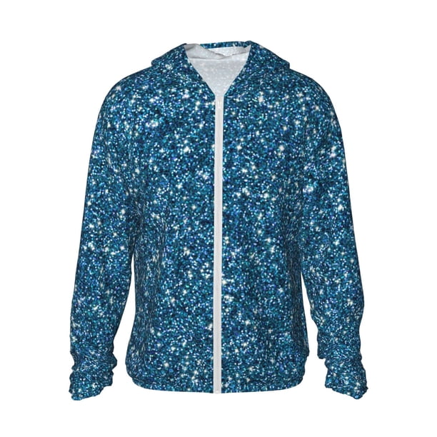 Fotbe Blue Glitter Chaqueta con Protección Solar UPF 50+ para Hombre y Mujer, Camisa con Capucha y Bolsillos-XX-Large