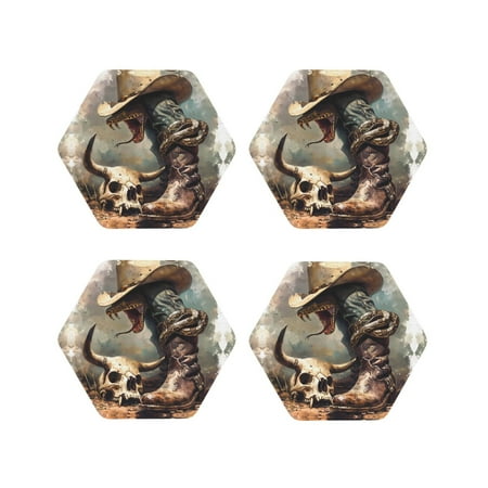 

Leather Coasters with Heat-resistant for Drinks Western Cowboy Snake Ram Skull -标题2 Hexagon