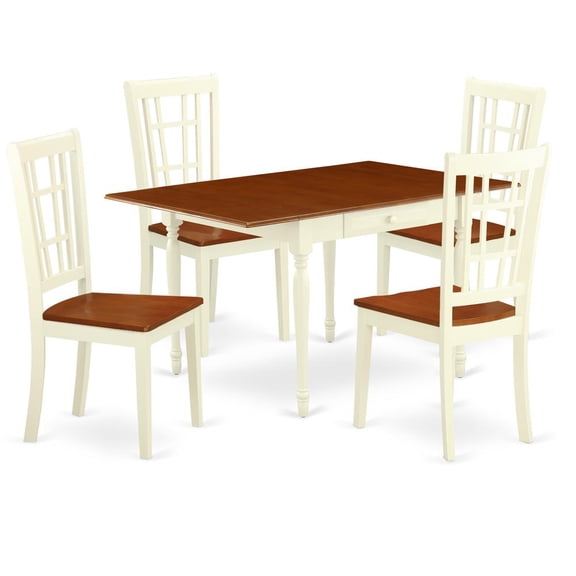 East West Furniture MZNI5-WHI-W 5 Pieces Dining set - Durable Drop Leaf Wooden Wood Table and 4 Hardwood Seat Kitchen Chairs, Buttermilk and Cherry Finish