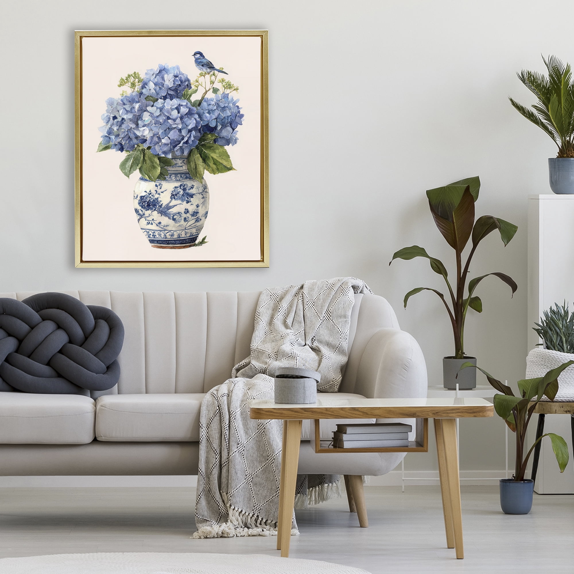 Stupell Industries Songbird Perched on Hydrangeas Gold Framed Floater Canvas Wall Art, design by Imagine It Images