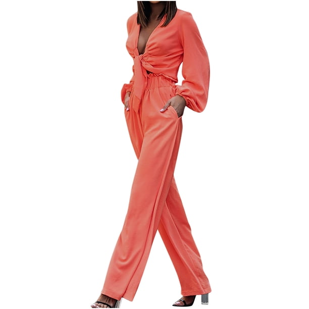 Mujeres con cuello en V Manga larga Tops Pantalones largos Dos piezas Conjunto sólido Traje casual Wmkox8yi bvn3114