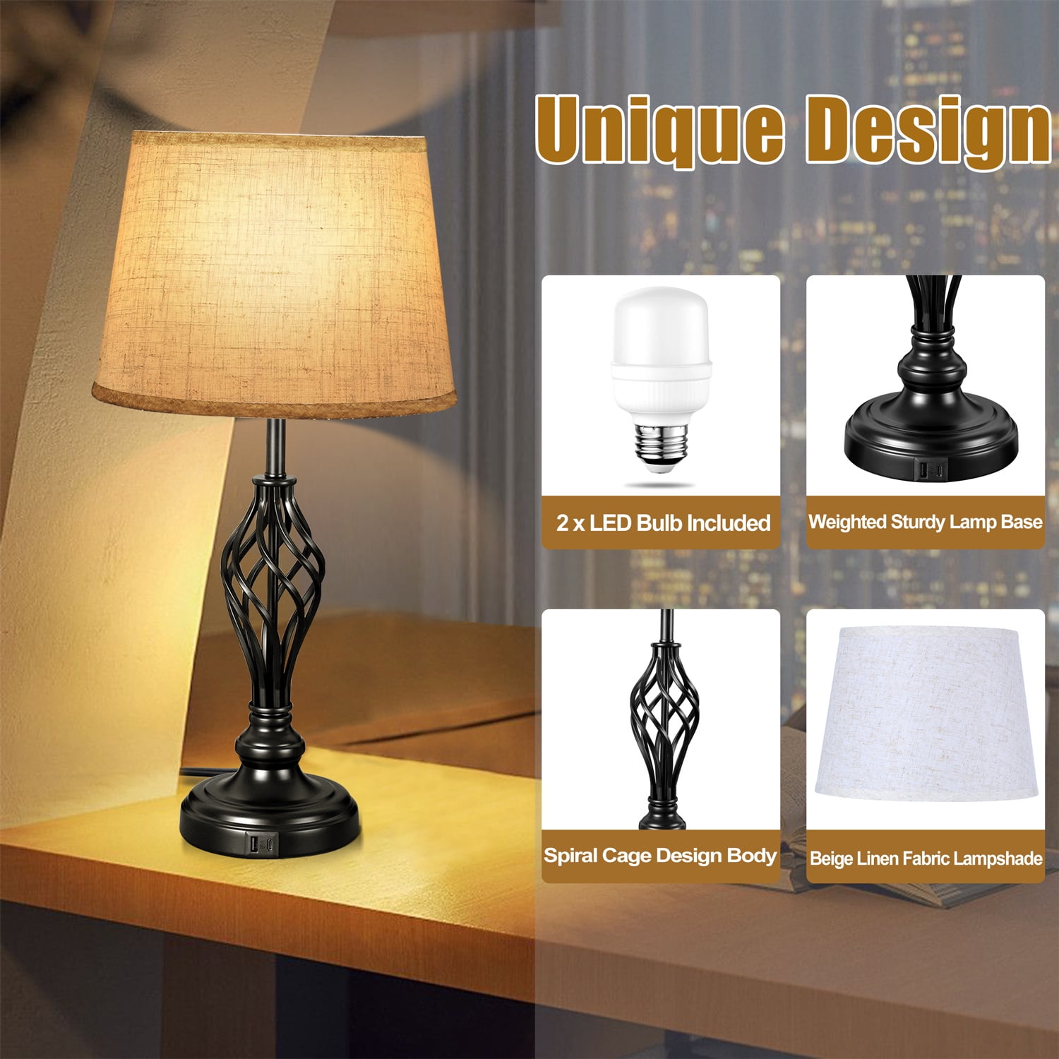 Coliware Table Lamp Set of 2, Traditional Dimmable Desk Lamps with Touch Control USB Charging Port, Farmhouse Tapered Drum Shade Bedside Nightstand Lamps for Living Room Bathroom Bedroom