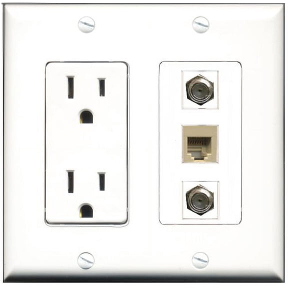 RiteAV - 15 Amp Power Outlet 2 Port Coax 1 Port Phone Beige Decorative Wall Plate