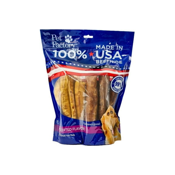 Pet Factory 100% Beefhide Rolls Assorted Flavors (Beef & Chicken) - 8", 10 Count