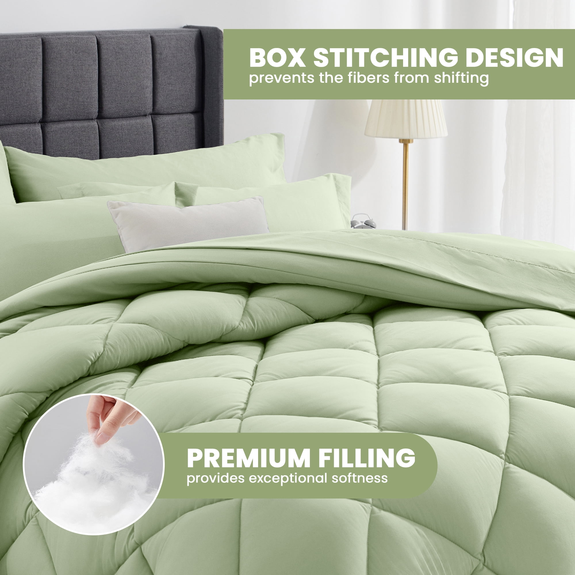 WISHEAD Twin Bed in a Bag Comforter Set with 5 Pieces for Girls and Boys Sage Green All Season Bedding Sets with Comforter, Pillow Sham, Flat Sheet, Fitted Sheet and Pillowcase