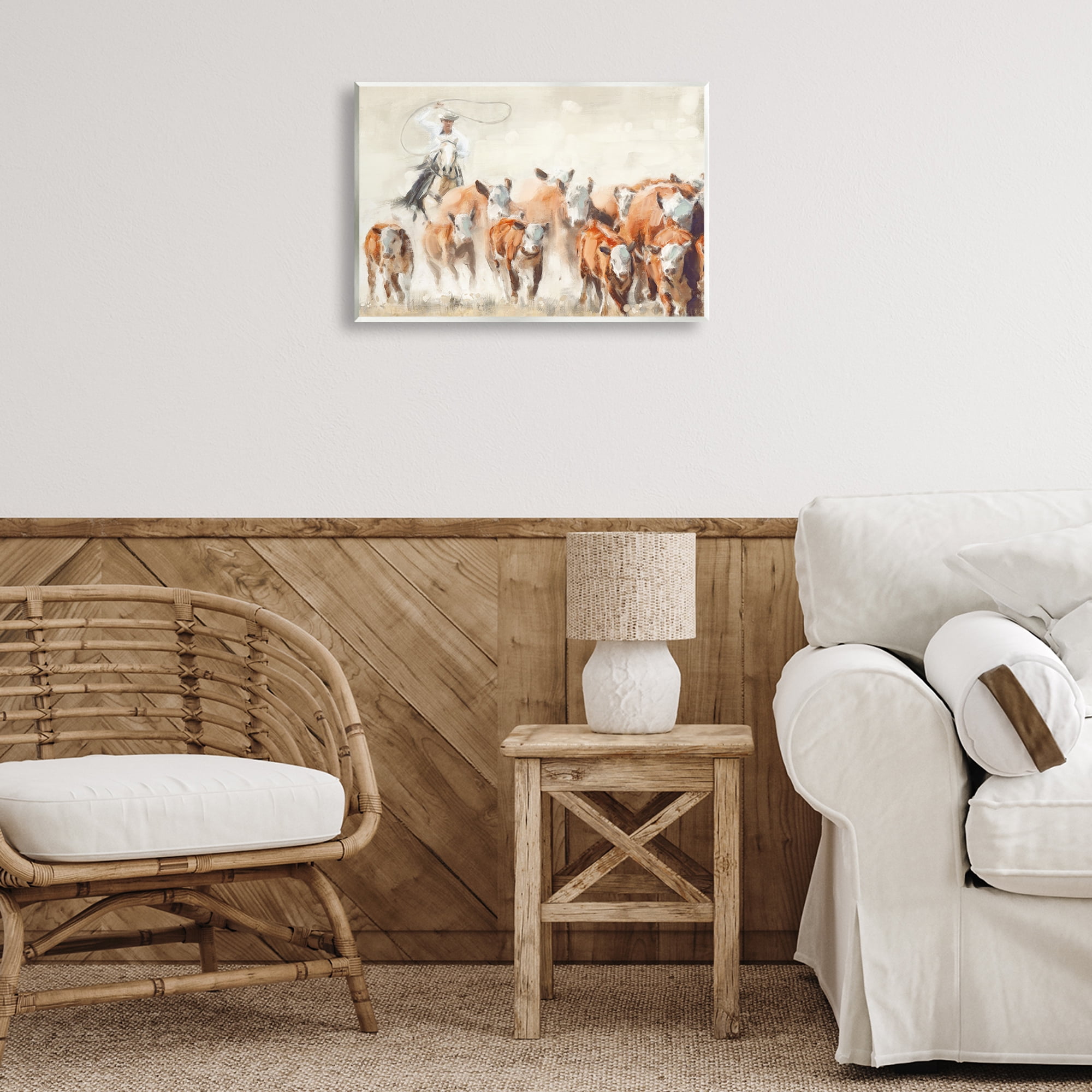 Stupell Industries Cowboy Cattle Roundup Animals Painting Unframed Art Print Wall Art, 19 x 13