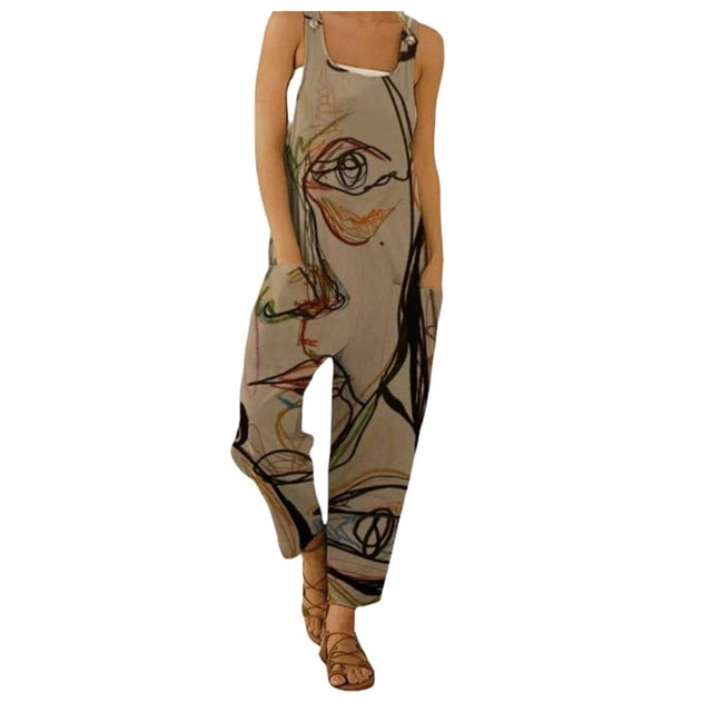 Gibobby pantalones holgados de oficina Estampado casual Tirantes abstractos Mono retro Damas Mono de mujer(Caqui, XL)