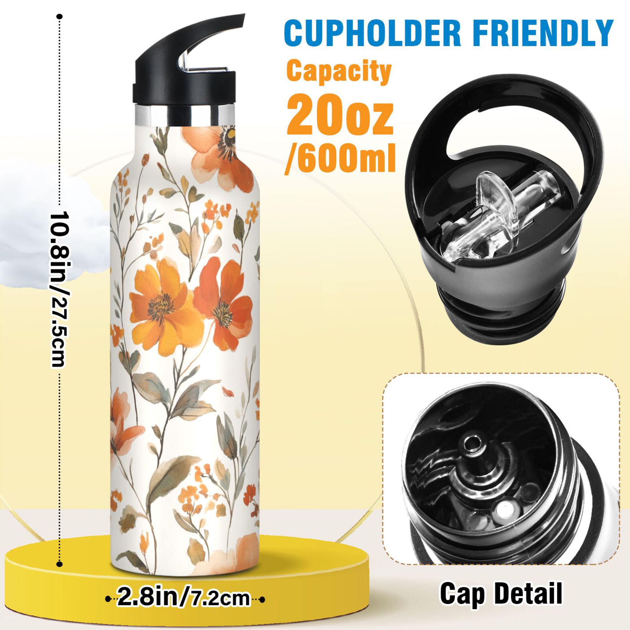 600ML Stainless Steel Insulated Cup Sports Water Bottle Portable Thermos Cup Water Glasses Insulated Tumblers Convenient and Durable Cartoon Coral Flowers Seamless