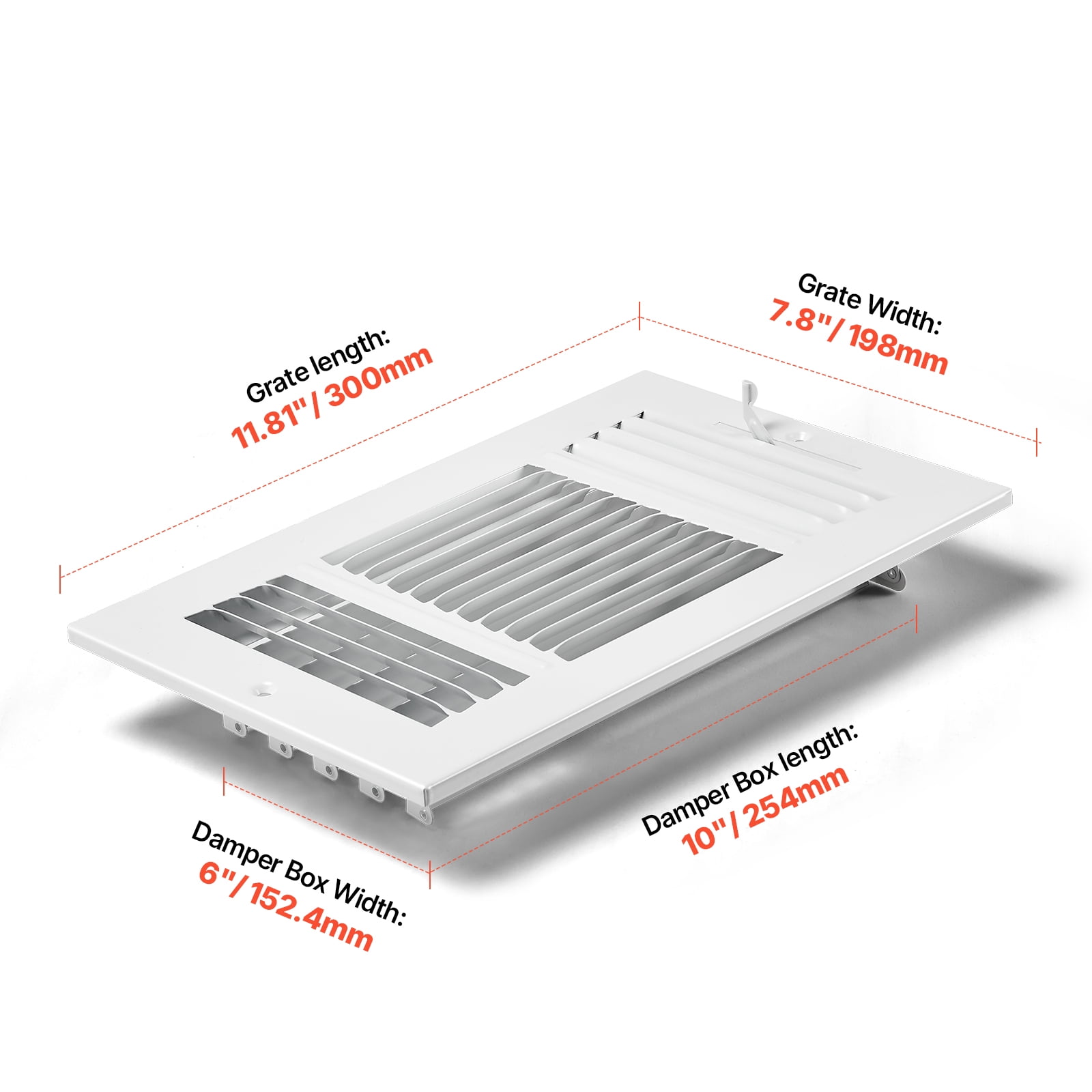 VEVOR 6 x 10 Inch Floor Registers, 6-Pack Floor Vents,HVAC 3-Direction Iron Vent Grilles for Home/Office Wall & Ceiling,Rustproof Anti-Peeling Air Vents Deflector Adjustable with Metal Damper,White