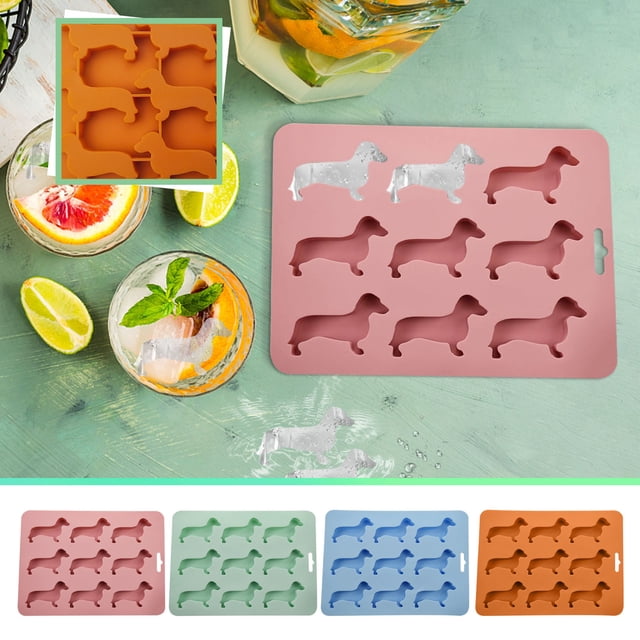 Bandeja de cubitos de hielo para perro Dachshund – molde flexible de silicona para 9 cubos en forma de salchicha, apta para lavavajillas, pastelita de fondant de chocolate y caramelo, decoración