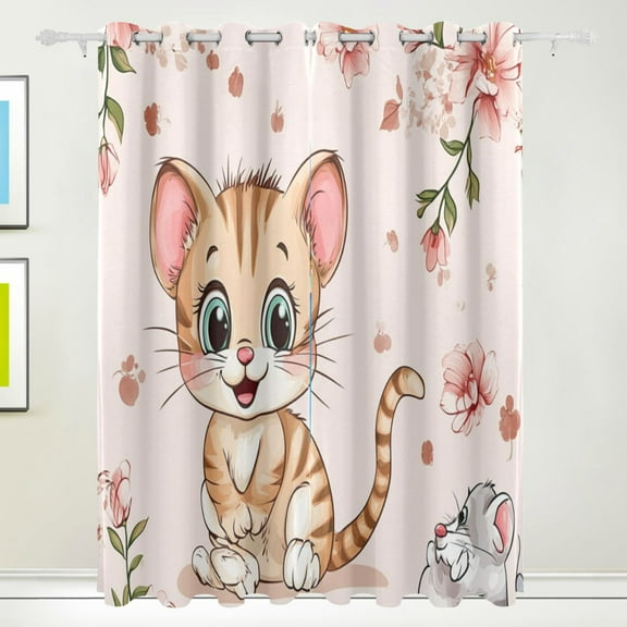Cartoon Cute Cat and Flowers Blackout Curtains for Living Room Bedroom 55W x 72/84L Insulated Window Drapes 2 Panels