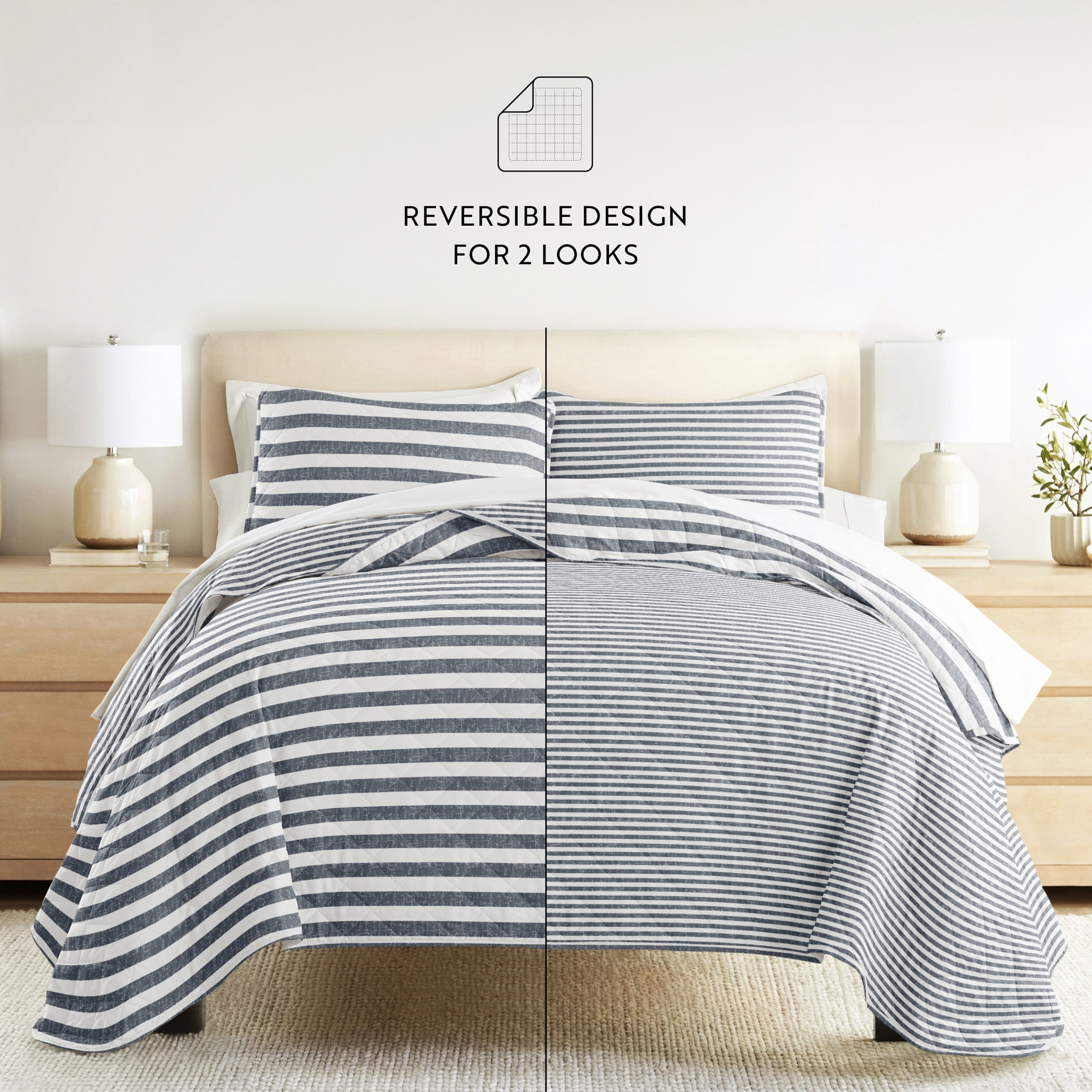 Lightweight Quilt Sets - Wrinkle Free - Coverlet Striped Coastal Blue Pattern for Full/Queen Size Bedding by Comfort Canopy
