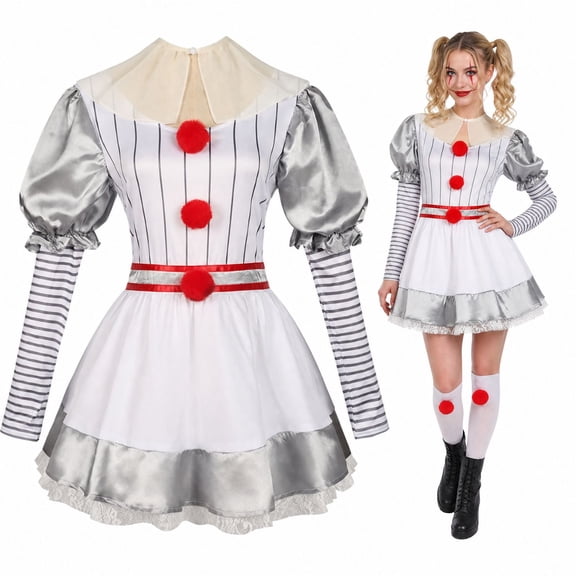 White Clown Dress Costume for Women, White Dress with Detachable Collar, Halloween Cosplay Outfit for Party