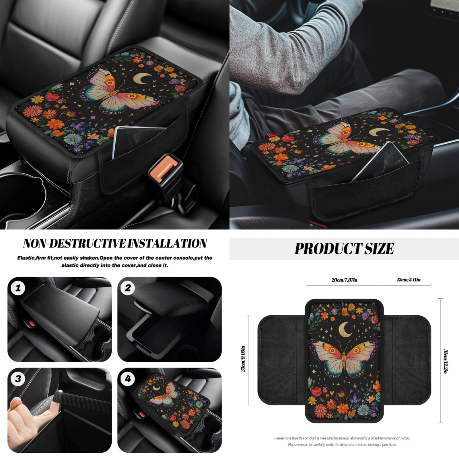 Jeiento Butterfly Car Accessories Sets 14pcs Car Seat Cover Protector Steering Wheel Cover Seatbelt Pads Auto Armrest Cover Trash Bin Rearview Mirror Cover Handbrake Cover Set Coasters Flowers