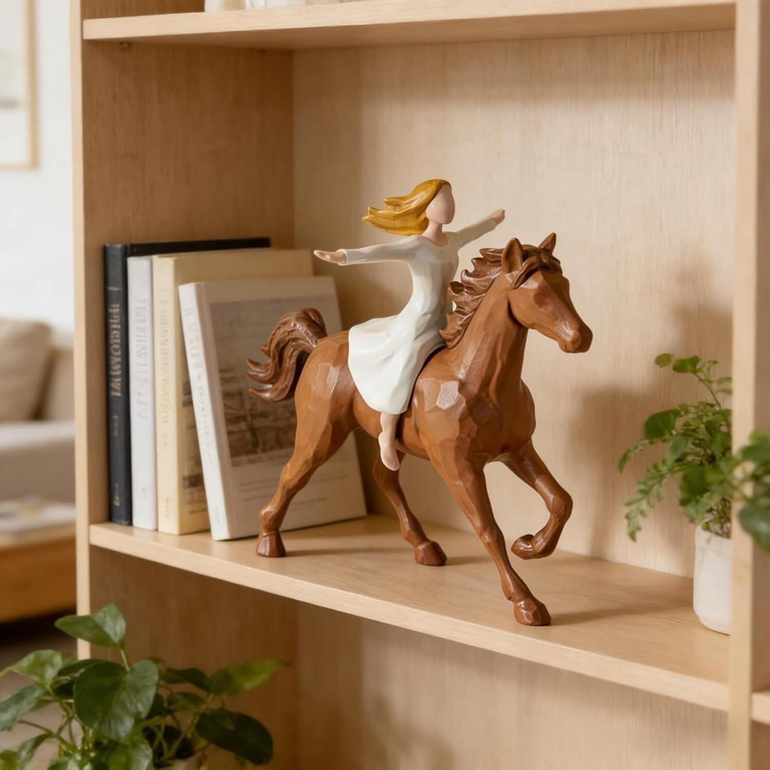 Handmade Resin Girl Riding Horse Figurine, Durable Equestrian Statue Home Decor for Girls & Horse Lovers, Tabletop Memorial Birthday Gift (1 Piece Cream)