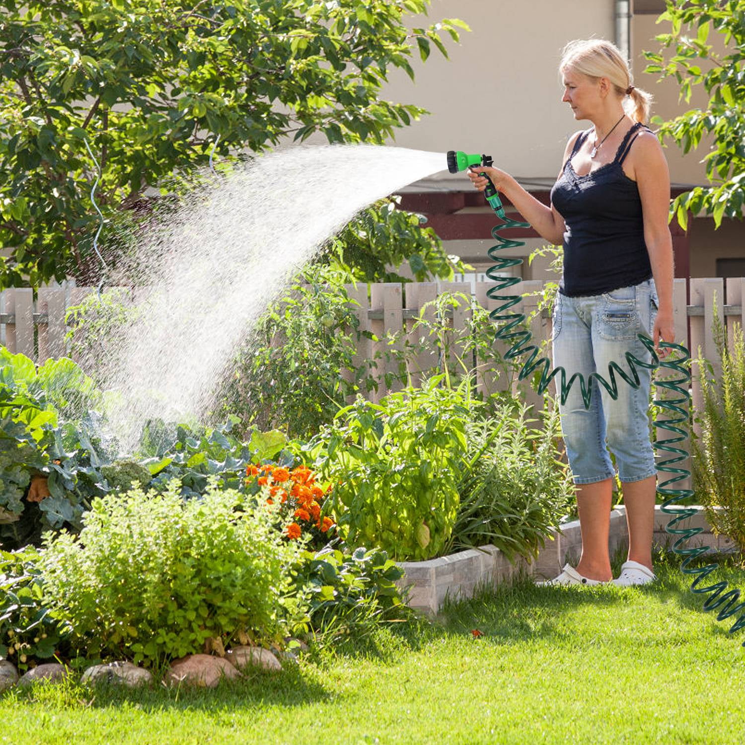 EVA Recoil Garden Hose 65ft Flexible 7 Pattern Spray Nozzle Garden Water Hose with 3/4" and 1/2" Adapter for Boat Greenhouse Yard Patio Green