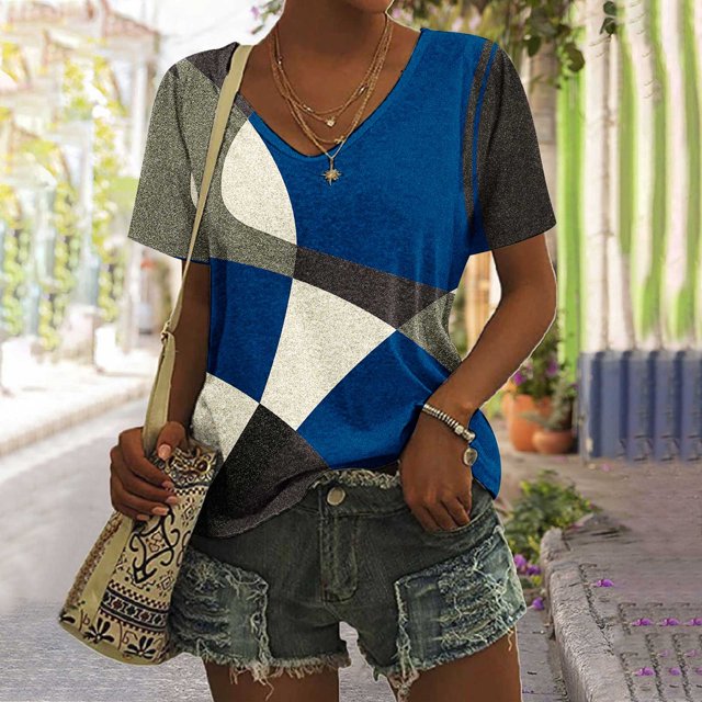Fiudx Ofertas Flash Del Día Camisetas Holgadas de Manga Corta con Cuello En V Informales con Estampado de Moda para Mujer