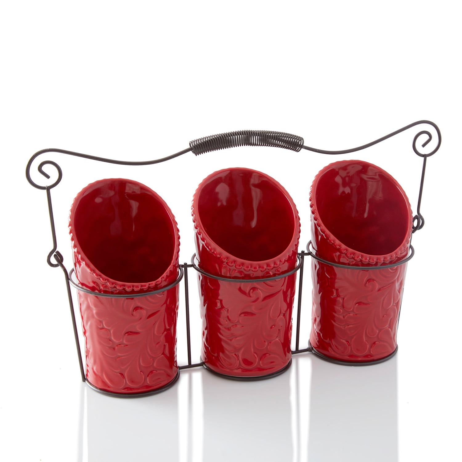 Red Ceramic Glossy Finish Utensil Holder Set with Wire Caddy